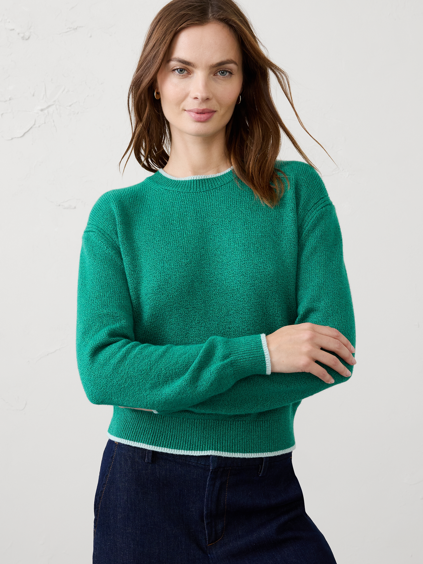 Image 1 of 5, Designed to be a go‑to layering essential, this sweater offers a soft, warm hand feel with lightweight comfort that never feels bulky. Cozy and versatile, it's perfect for transitional weather, whether worn on its own or layered under jackets and outerwear. Effortlessly polished and easy to style, it's a piece you'll reach for season after season., Crew neck. Long sleeves., Drop shoulders., Tipped ribbed neckline, arm cuffs and hem., Made exclusively for Banana Republic Factory., Product #1177058