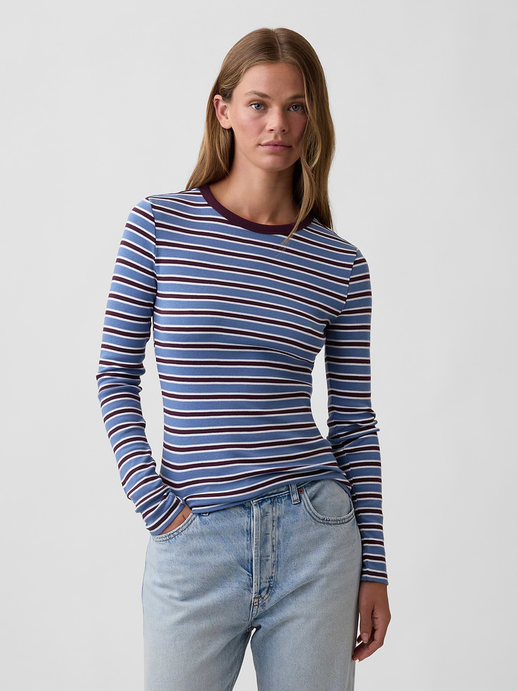 Image 1 of 5, Soft ribbed knit., Long sleeves., Crewneck., Allover stripes., This product was made in a factory that invests in gender equity and women’s empowerment through RISE. Learn more at, Product #1187658