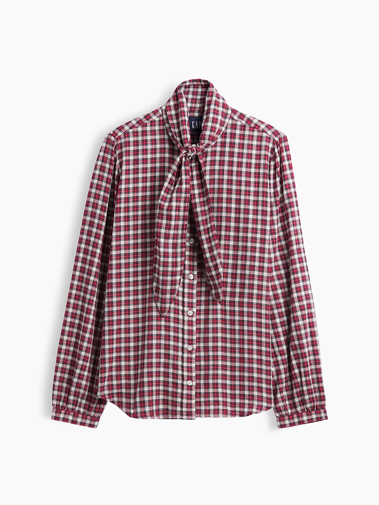 Image 5 of 5, Plaid Tie-Neck Shirt
