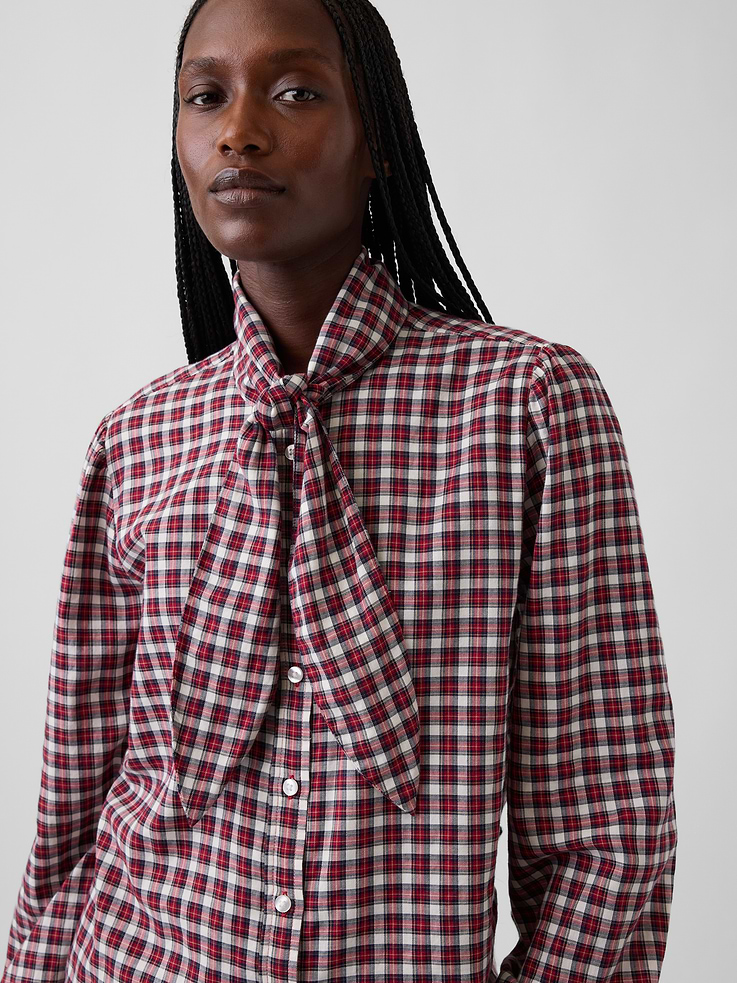 Image 4 of 5, Plaid Tie-Neck Shirt