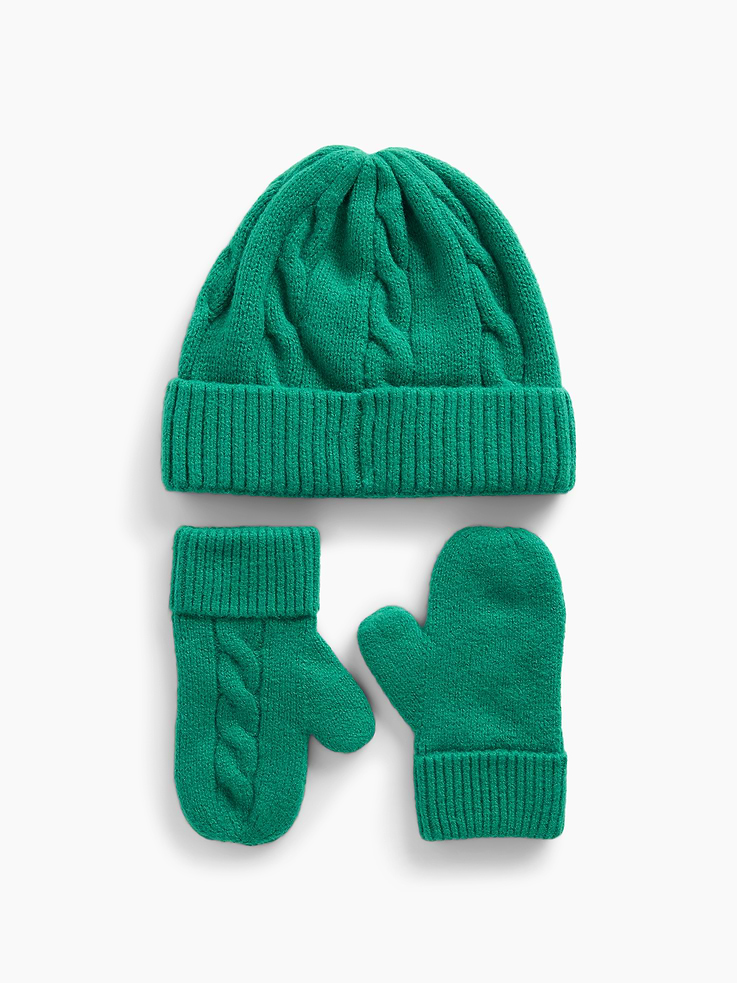 Image 2 of 2, Baby & Toddler CashSoft Cable-Knit Beanie & Mittens Set
