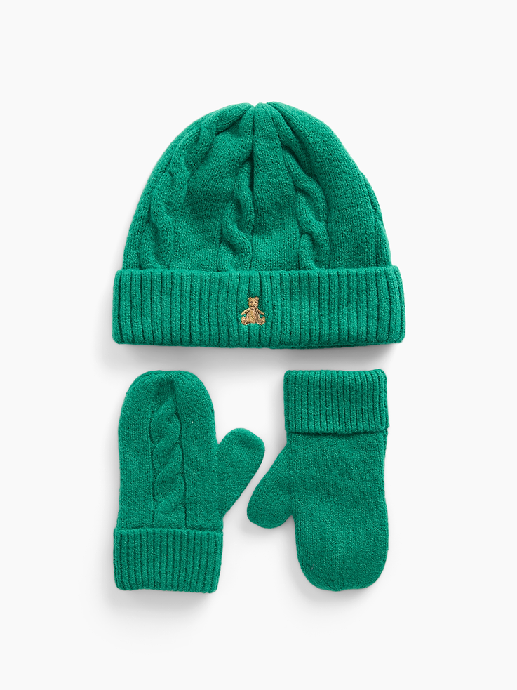 Image 1 of 2, Our bestselling fabric that feels cashmere-soft. Crafted in a midweight plush yarn. Refined with a special brushed technique. It's everyday luxury., Supersoft, cable-knit beanie hat and mittens cold-weather accessories set., Embroidered Brannan Bear at beanie., Ribbed cuffs., Note: Sizes 0-6 months do not feature thumb holes., This product was made in a factory that invests in gender equity and women’s empowerment through RISE. Learn more at gapinc.com/equity ., Product #1184960