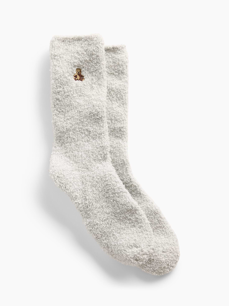 Image 1 of 2, Soft, stretch cozy knit crew socks., Embroidered Brannan Bear at sides., Reinforced toe and heel., This product was made in a factory that invests in gender equity and women’s empowerment through RISE. Learn more at gapinc.com/equity ., Product #1185710