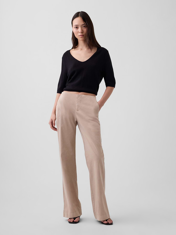 Image 1 of 6, Smooth, stretch cotton relaxed flare pants., Concealed zipper with hook-and-eye closures., Side on-seam pockets, back welt pockets., Product #1187808