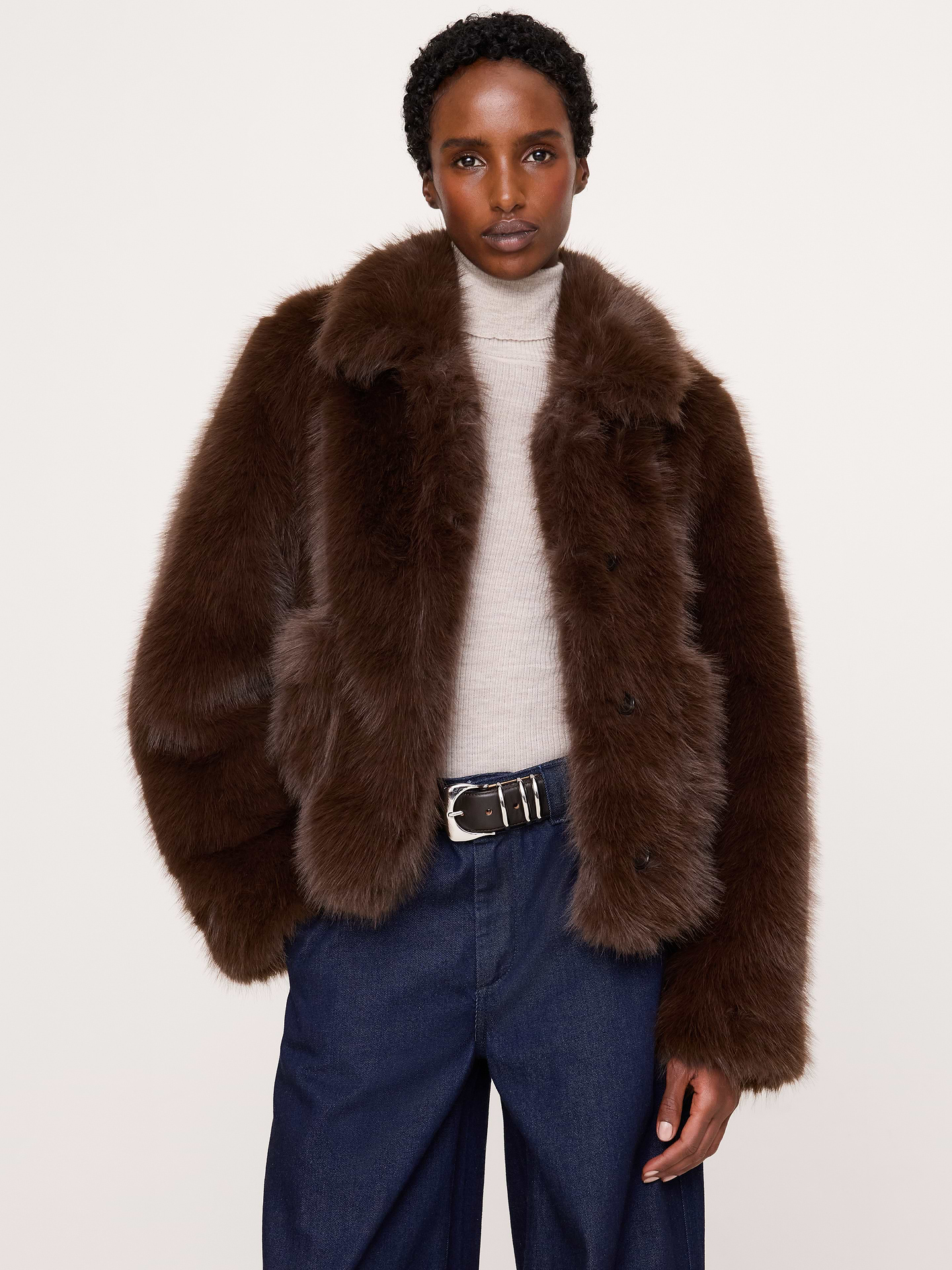 Image 1 of 8, So good we had to bring it back. We borrowed the cropped silhouette and pocket layout of the timeless lady jacket and remade it here in luxuriously soft faux fur., Classic Fit: A straight and easy fit., Button front closure., Front pockets., Fully lined., Product #1180286