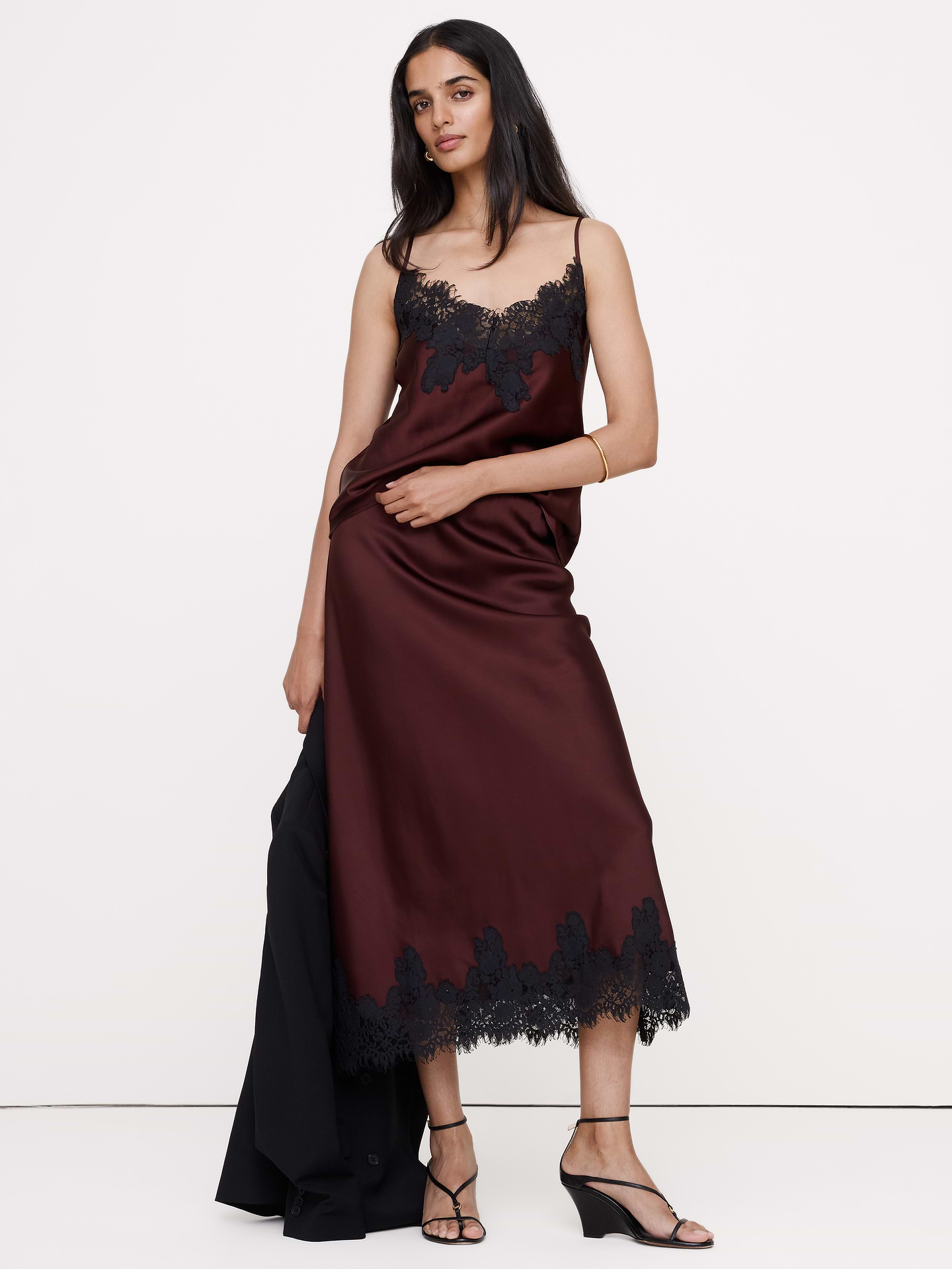 Image 1 of 8, We cut this cami tank from a stretch-satin fabric we love because it looks (and feels) fabulous on. Plus, we added contrast lace trim for a pop of color., Classic Fit: A straight and easy fit., V-neck., Straight hem., Unlined., Product #910755