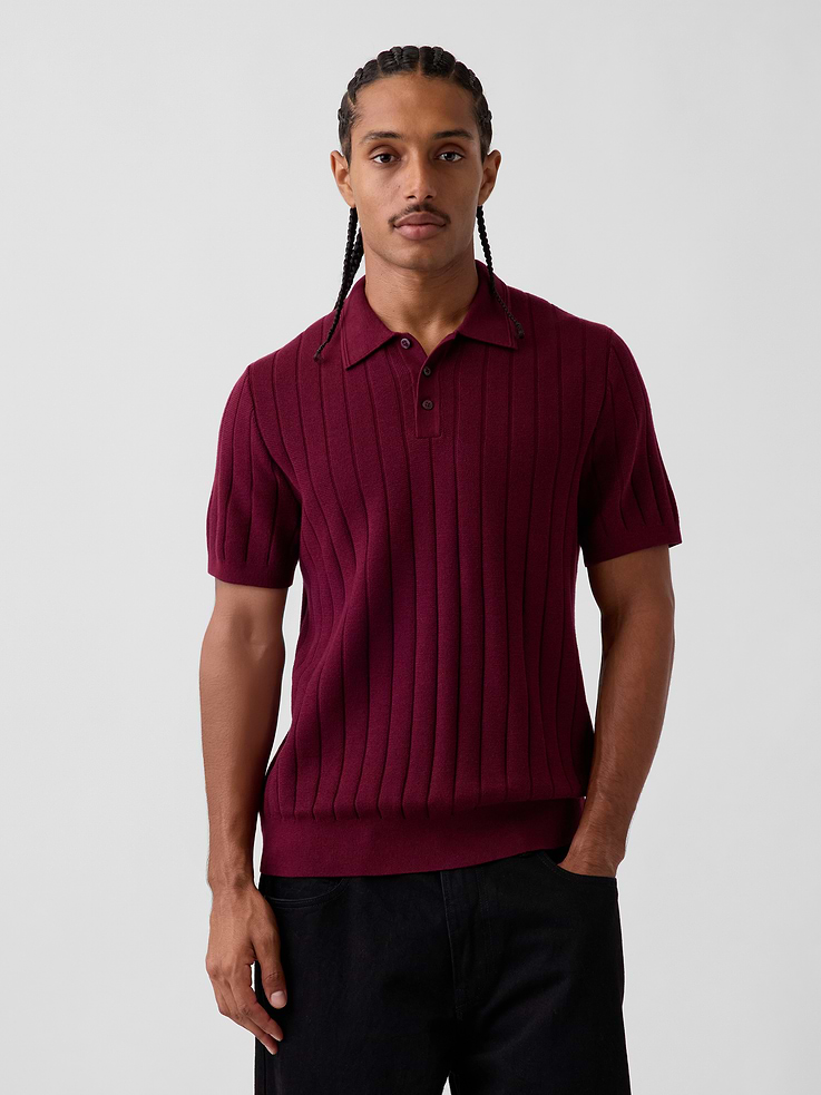 Image 1 of 5, Soft knit cotton polo sweater shirt., Spread collar with front button placket., Short sleeves., Ribbed cuffs and hem., Product #1191843