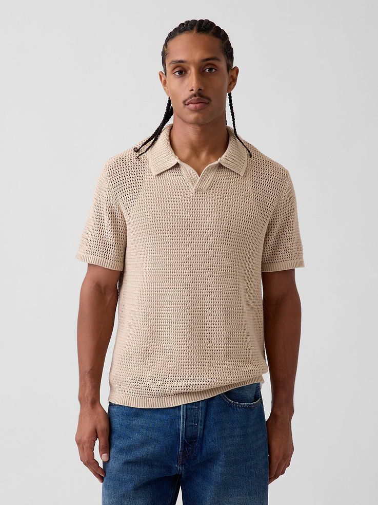 Image 1 of 5, Soft, mesh textured cotton polo sweater shirt. In a relaxed fit., Johnny collar., Short sleeves., Ribbed cuffs and hem., This product was made in a factory that invests in gender equity and women’s empowerment through RISE. Learn more at gapinc.com/equity ., Product #1191844