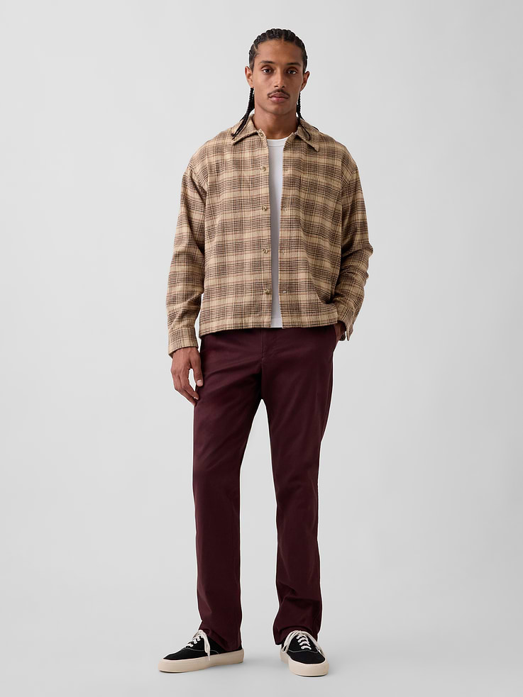 Image 1 of 7, Everyday performance meets all day comfort. Win win., Smooth, stretch twill weave khaki pants., Special stretch waistband for added comfort., Button closure, zip fly., Front slant pockets, rear button-welt pockets., Assorted colors., This product was made in a factory that invests in gender equity and women’s empowerment through RISE. Learn more at gapinc.com/equity., Product #472757