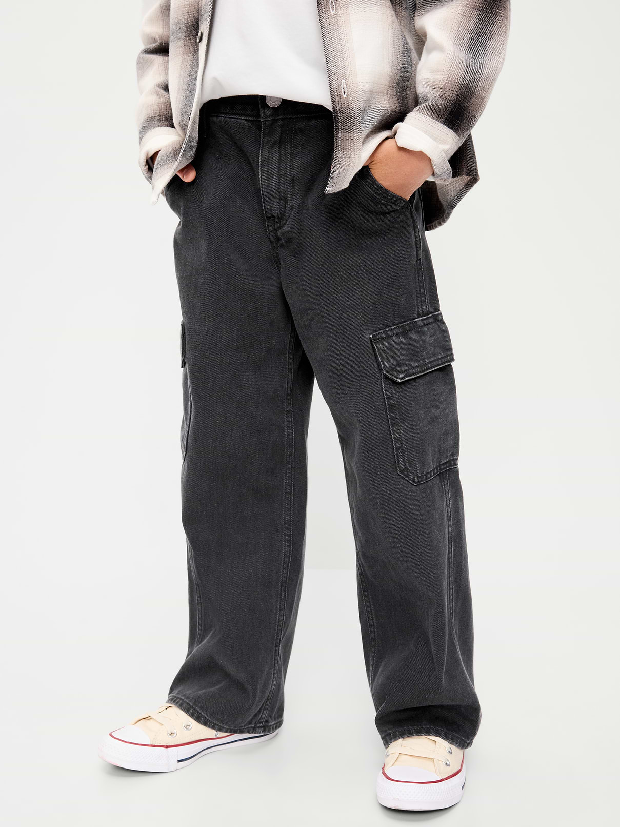Image 1 of 4, interior adjustable waistband, sizes 5-8 snap-button closure, regular button closure sizes 10-20, zip fly, slanted side pockets, flap cargo pockets, patch pockets at back, Product #1183764