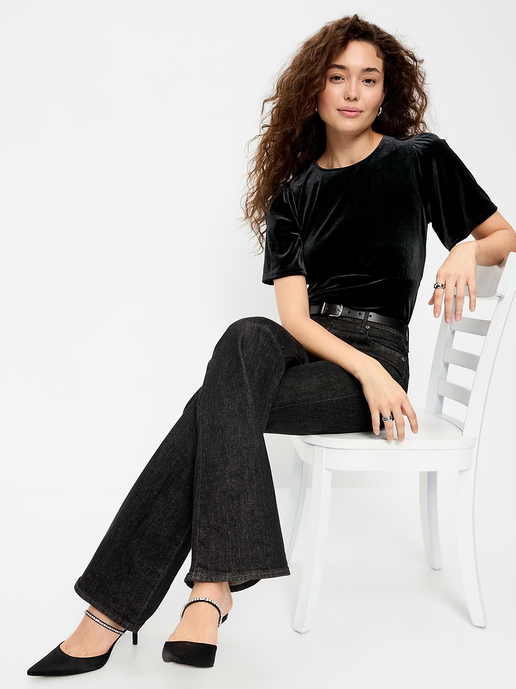 Image 3 of 4, Velvet Flutter-Sleeve Empire-Waist Top