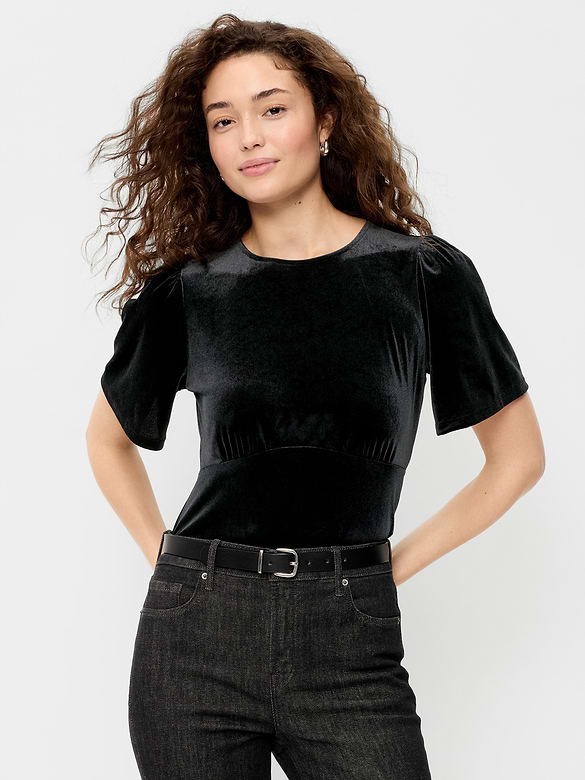 Velvet Flutter-Sleeve Empire-Waist Top