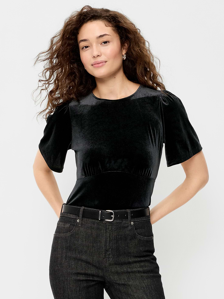 Image 1 of 4, boat neckline, elbow-length flutter sleeves, gathered waist seam, ruching at sides, keyhole button closure at back, Product #1195877