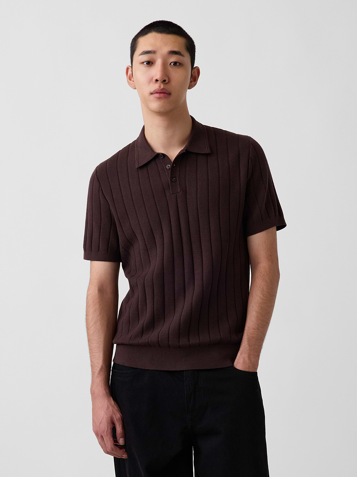 Image 1 of 5, Soft knit cotton polo sweater shirt., Spread collar with front button placket., Short sleeves., Ribbed cuffs and hem., Product #1191843