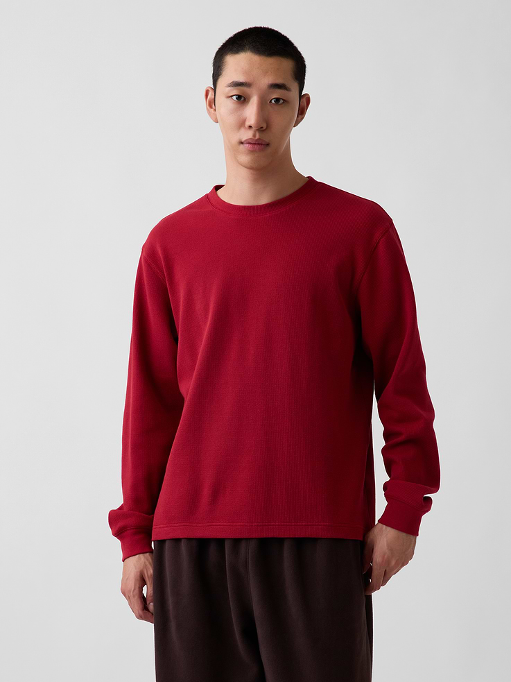 Image 1 of 5, Soft waffle-knit stretch cotton T-shirt. In a relaxed fit., Crewneck., Long sleeves with drop shoulders and banded cuffs., Product #907263