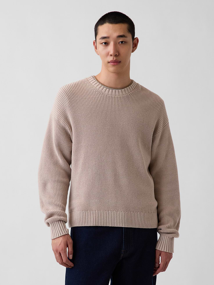 Image 1 of 5, Soft shaker-stitch knit cotton sweater. In a relaxed fit., Crewneck., Long sleeves with drop shoulders., Ribbed cuffs and hem., Product #907278