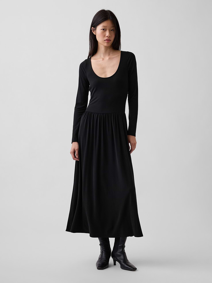 Image 1 of 5, Soft stretch knit maxi dress., Scoop neck., Long sleeves., Shirring at drop waist., Product #912731
