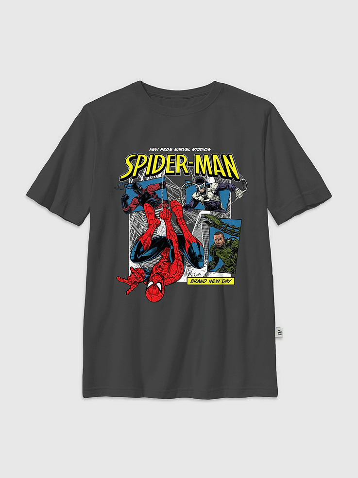 Image 1 of 3, Soft cotton T-shirt., Crewneck., Short sleeves., Officially licensed Spider Man graphic at front., Fifth Sun is an internationally recognized manufacturer of exclusive licensed graphic apparel and innovative fashions for premium brands like Star Wars, Disney, Marvel, and Nintendo., This item is printed on demand.