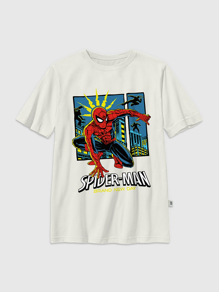 Image 1 of 3, Soft cotton T-shirt., Crewneck., Short sleeves., Officially licensed Spider Man graphic at front., Fifth Sun is an internationally recognized manufacturer of exclusive licensed graphic apparel and innovative fashions for premium brands like Star Wars, Disney, Marvel, and Nintendo., This item is printed on demand.