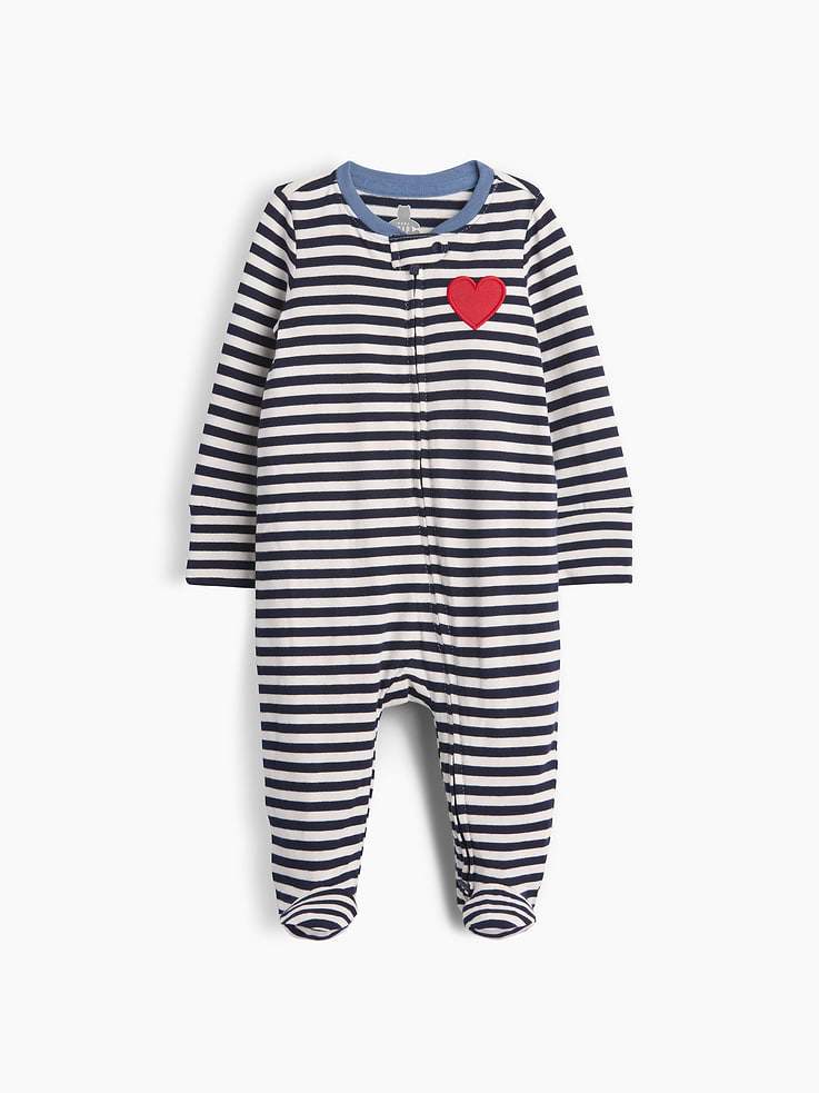 Image 1 of 3, From baby’s first outfit to all their first moments. Our favorite tiny essentials in supersoft, organically grown cotton., Soft cotton jersey baby footed one-piece., Crewneck with snap tab to protect little chins., Long sleeves with foldover cuffs to prevent scratches., Reversible two-way zipper for easy dressing and diapering., Graphic at chest., Allover stripes., Made with 100% organically grown cotton which is grown without the use of synthetic pesticides and fertilizers., Product #1181371
