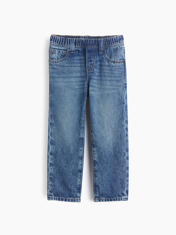 Image 1 of 4, Authentic, non-stretch denim pull-on relaxed straight jeans., Adjustable elasticized waist, faux fly., Classic five-pocket styling., This product is part of our water-saving Washwell program. Compared with conventional wash methods, Washwell uses at least 20% less water., Made with 52% Protocol cotton verified by the U.S. Cotton Trust Protocol, a program which works with farms committed to improving their environmental footprint by minimizing water usage and improving soil health (Claim No. 10127)., Made with 5% recycled cotton. Compared to virgin materials, using recycled materials helps reduce resource use and waste., Product #1184949