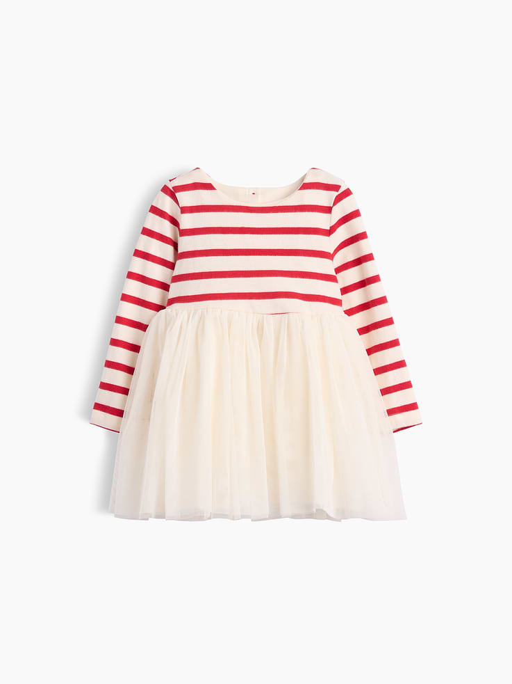 Image 1 of 3, Soft cotton jersey top and poplin-lined mesh tulle skirt mixed media dress., Round neck with back button placket., Long sleeves., Shirring at waist., Layered mesh skirt with poplin lining., Product #912115