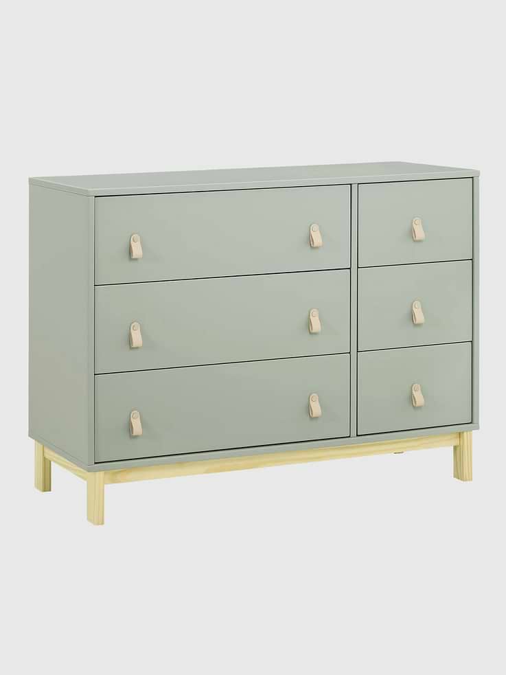 Image 1 of 4, The babyGap Legacy 6 Drawer Dresser is a great addition to any nursery or kid's bedroom., This versatile dresser has a mix of 3 small and 3 large drawers to simplify organization, and leather pulls for an elevated look., Pair with the coordinating Changing Top (sold separately) convert the dresser into a convenient changing table., Interlocking drawer system limits the number of drawers that can be opened at one time for you child's safety., This dresser is tested to meet the current requirements of ASTM F2057, the mandatory CPSC safety standard that protects children from tip-over incidents., For additional security, we strongly recommend that all dressers in your home be anchored; all babyGap dressers include a wall anchor., Durable and easy to clean finish; wipe with damp cloth and dry immediately.