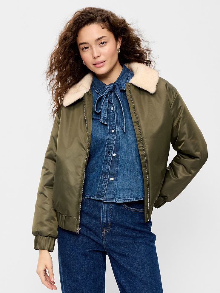 Image 1 of 7, faux fur collar, full-zip front, elasticized cuffs and hem, front welt pockets, Product #1181342