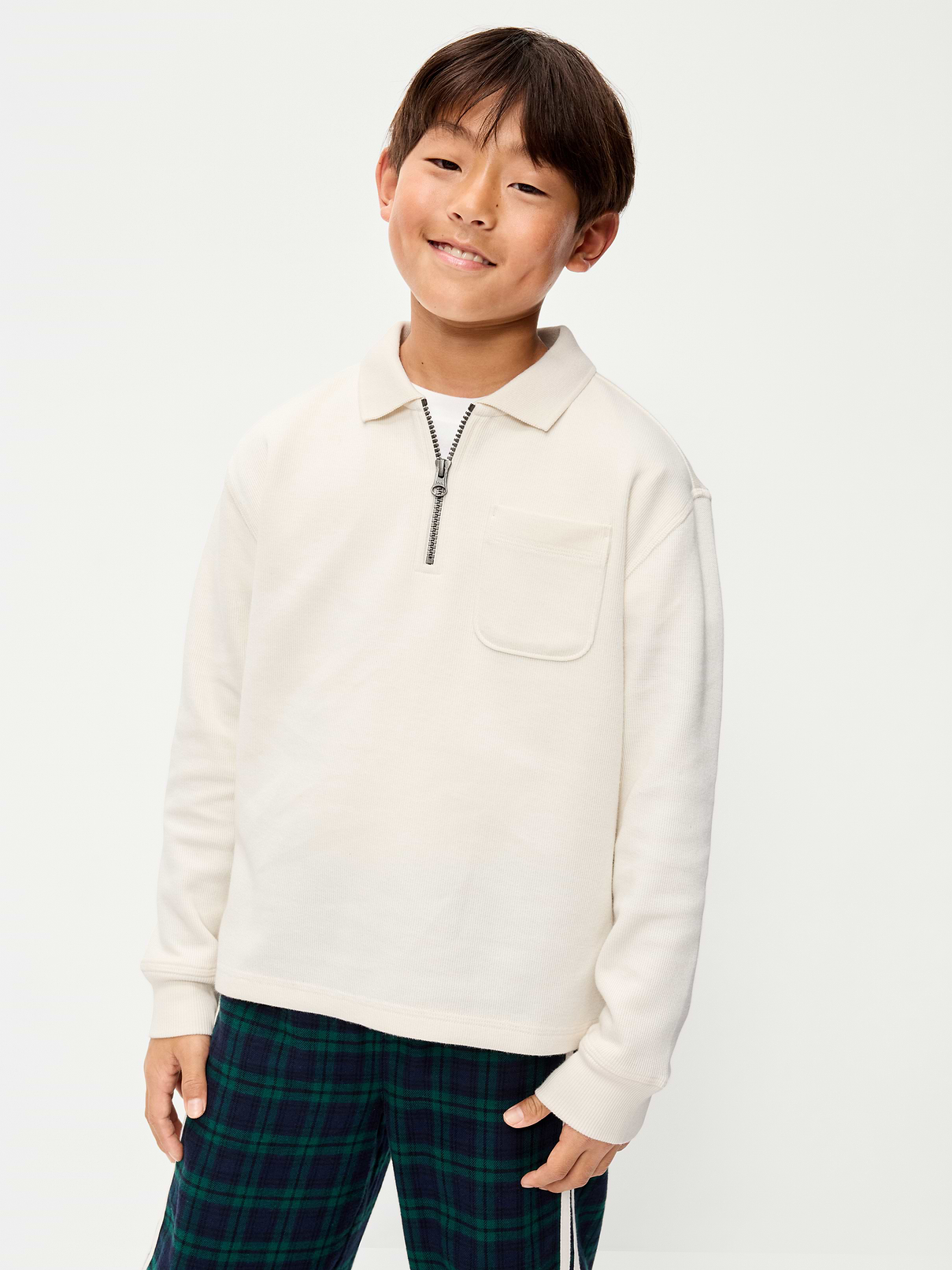 Image 1 of 3, pointed collar, quarter-zip, long sleeves, drop shoulders, pocket at chest, Product #1182736