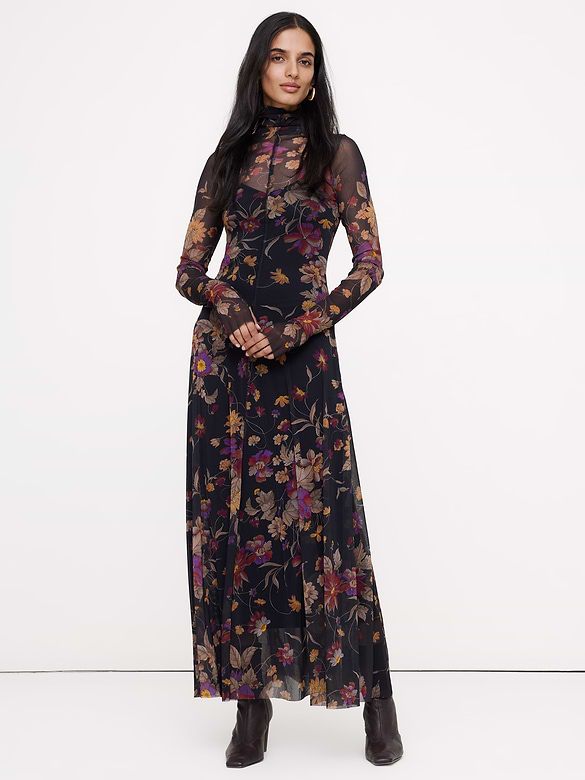 Mesh Long-Sleeve Maxi Dress