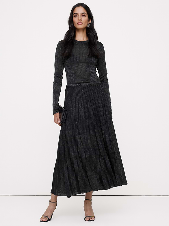 Pleated Metallic Sweater Skirt