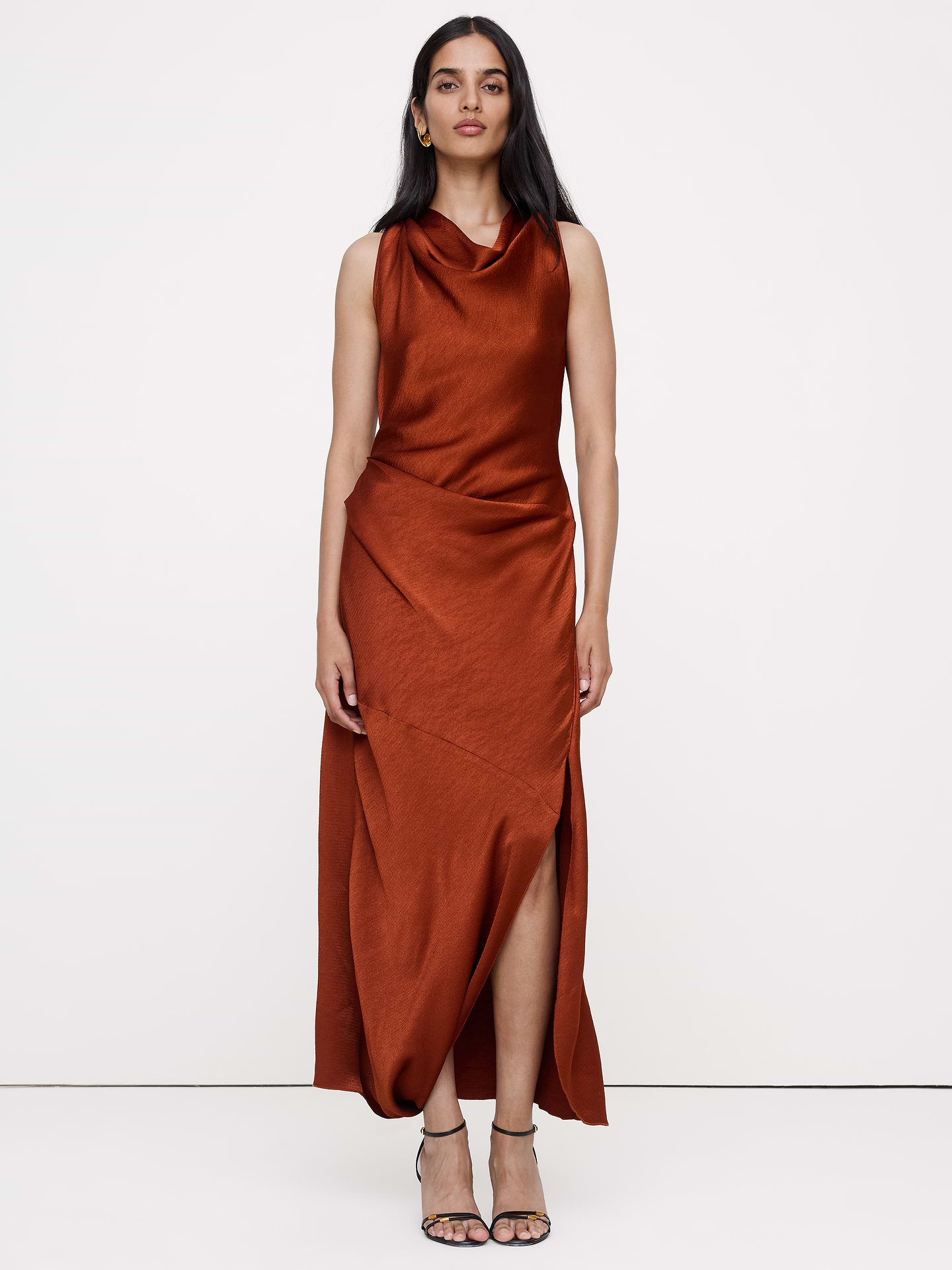 Image 1 of 8, This special cowl-neck maxi dress is cut from a textured hammered satin fabric. Here, we expertly cut it on the bias to increase its drape and showcase this special fabric's sophisticated shine., Sheath Fit: Slim. Sits close to the body with a flare skirt., Cowl neck with invisible zip closure at back., Unlined., Product #1180145
