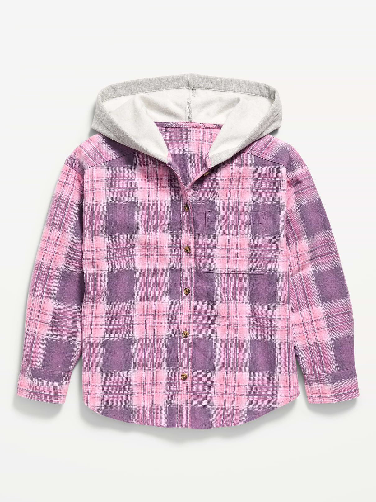 Image 1 of 3, built-in hood, long sleeves, drop shoulders, buttoned cuffs, full length button front, patch pocket at chest, Product #908142
