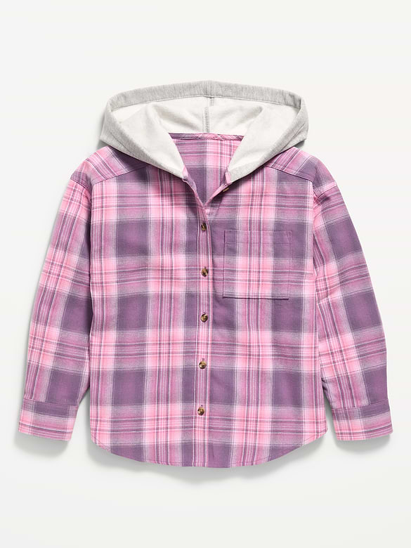 Oversized Long-Sleeve Hooded Flannel Shirt for Girls
