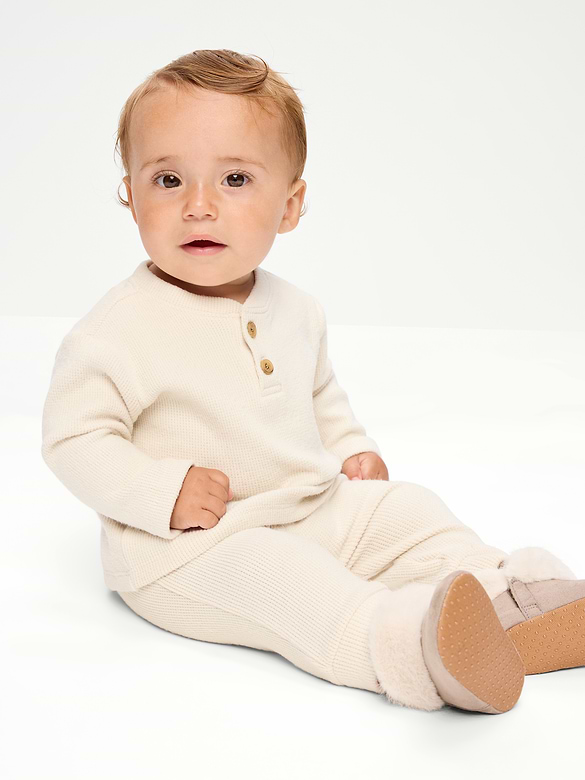 Long-Sleeve Waffle-Knit Henley Top and Pants Set for Baby