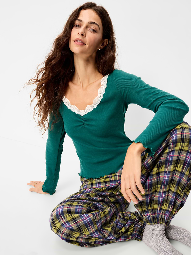 Image 3 of 6, Long-Sleeve Lace Trim T-Shirt