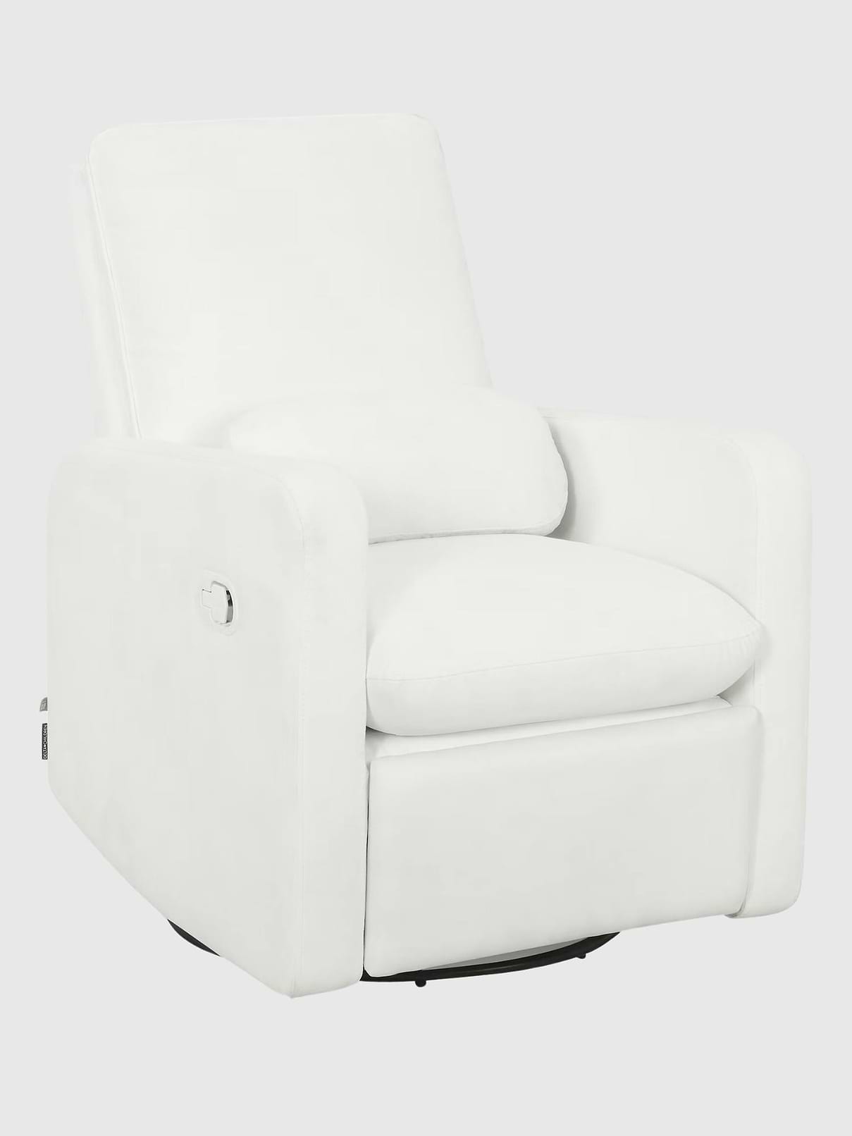 Image 1 of 5, The babyGap Cloud Recliner brings modern cozy comfort to your nursery!, Recline in comfort with an easy-to-reach pull tab that offers two positions (footrest up only and footrest up with back reclined)., Plus, it swivels and glides with a smooth motion, so you won't disrupt your little one's sleep while you get comfortable!, The perfect combination of performance and sustainability, the babyGap Cloud Recliner is upholstered in LiveSmart Evolve fabric that is durable, stain-resistant, and designed using fabric made from recycled plastic bottles., A lumbar pillow is included for additional support.