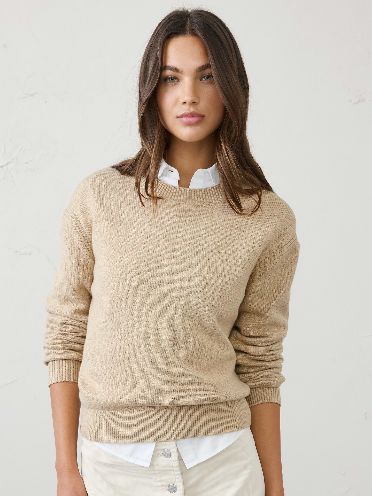 Image 1 of 5, Designed to be a go‑to layering essential, this sweater offers a soft, warm hand feel with lightweight comfort that never feels bulky. Cozy and versatile, it's perfect for transitional weather, whether worn on its own or layered under jackets and outerwear. Effortlessly polished and easy to style, it's a piece you'll reach for season after season., Crew neck. Long sleeves., Drop shoulders., Tipped ribbed neckline, arm cuffs and hem., Made exclusively for Banana Republic Factory., Product #1177058