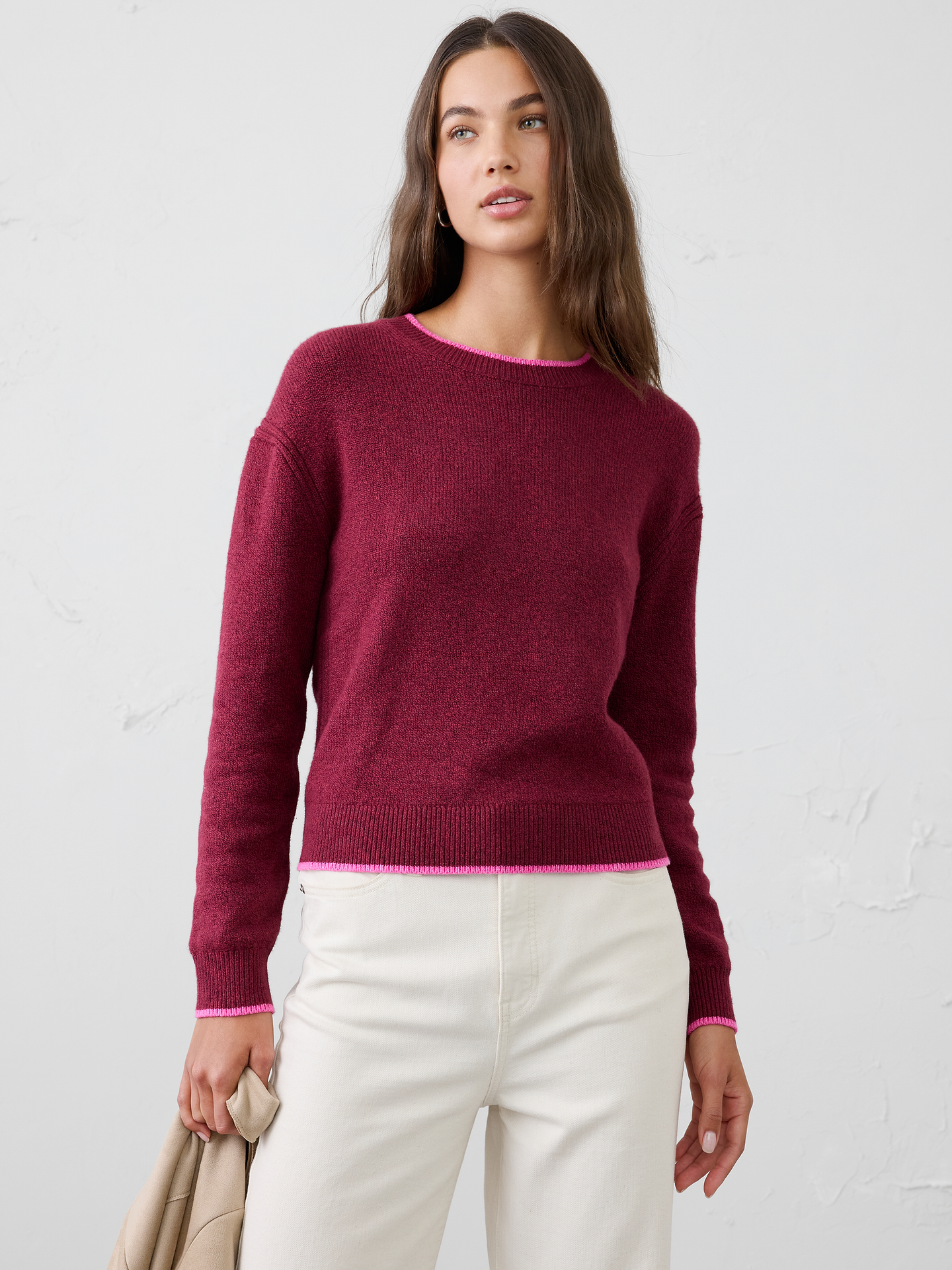Image 1 of 5, Designed to be a go‑to layering essential, this sweater offers a soft, warm hand feel with lightweight comfort that never feels bulky. Cozy and versatile, it's perfect for transitional weather, whether worn on its own or layered under jackets and outerwear. Effortlessly polished and easy to style, it's a piece you'll reach for season after season., Crew neck. Long sleeves., Drop shoulders., Tipped ribbed neckline, arm cuffs and hem., Made exclusively for Banana Republic Factory., Product #1177058