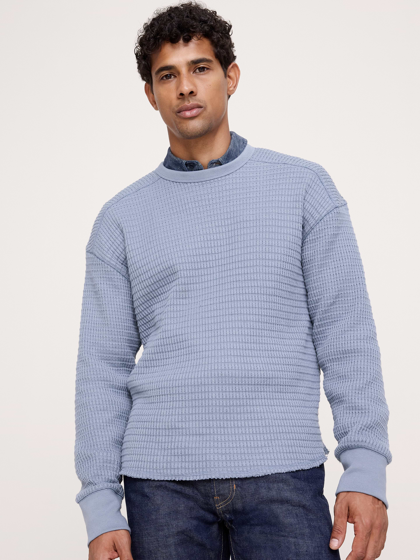 Image 1 of 6, Cut from soft cotton, this heavyweight shirt uses a textured waffle detail that makes it an easy go-to for dressing up on a cool day., Standard fit: A straight and easy fit., Crew neck., Straight hem., Product #1180478