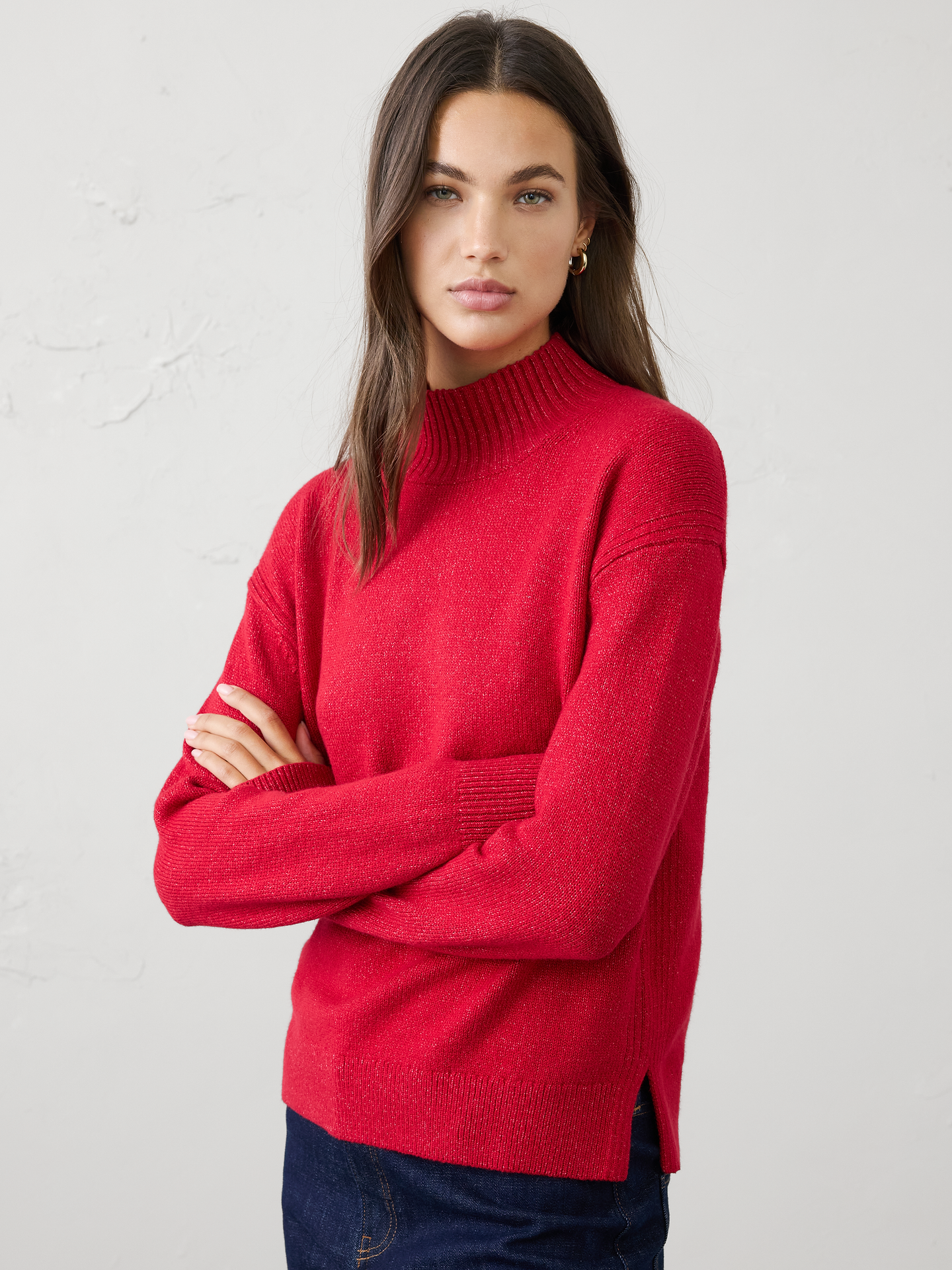 Image 1 of 3, Designed to be a go‑to layering essential, this sweater offers a soft, warm hand feel with lightweight comfort that never feels bulky. Cozy and versatile, it's perfect for transitional weather, whether worn on its own or layered under jackets and outerwear. Effortlessly polished and easy to style, it's a piece you'll reach for season after season., Mock neckline. Long sleeves., Drop shoulders., Ribbed neckline, arm cuffs and hem., Side seam slits at hem., Made exclusively for Banana Republic Factory., Product #1177078