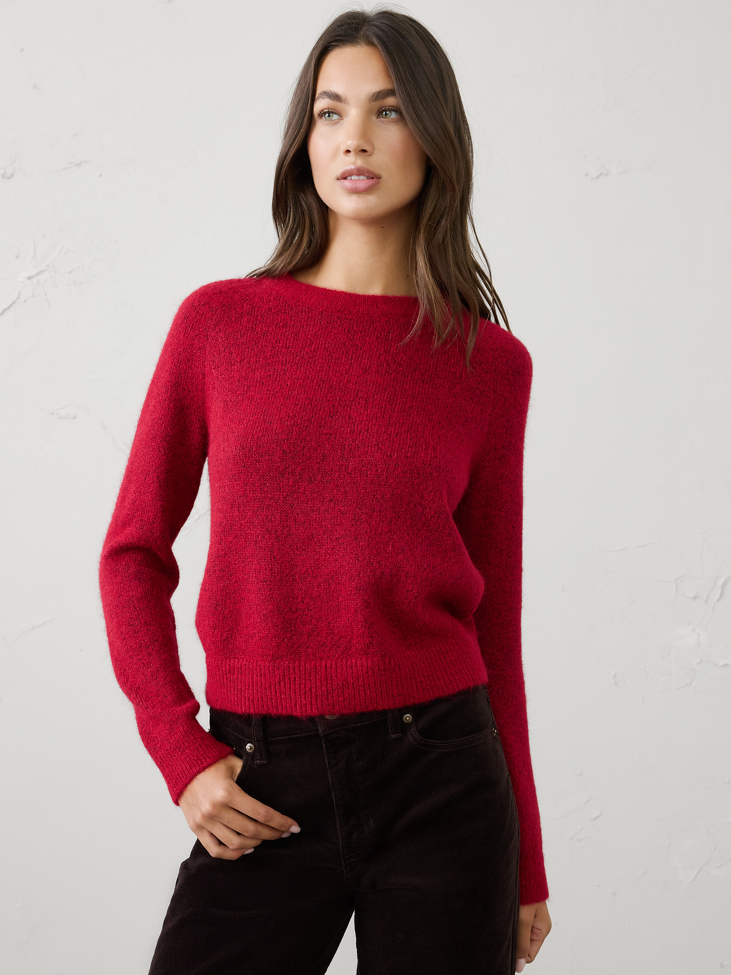 Image 1 of 5, Crafted from a brushed yarn, this sweater has a soft, fuzzy texture that feels exceptionally plush against the skin. The brushed finish adds depth and dimension to the knit, creating a rich, elevated look with cozy appeal. Lightweight yet warm, it offers comfortable insulation without feeling heavy, making it an effortless choice for layering throughout the season., Crew neck. Long sleeves., Ribbed neckline, arm cuffs and hem., Made exclusively for Banana Republic Factory., Product #1177096