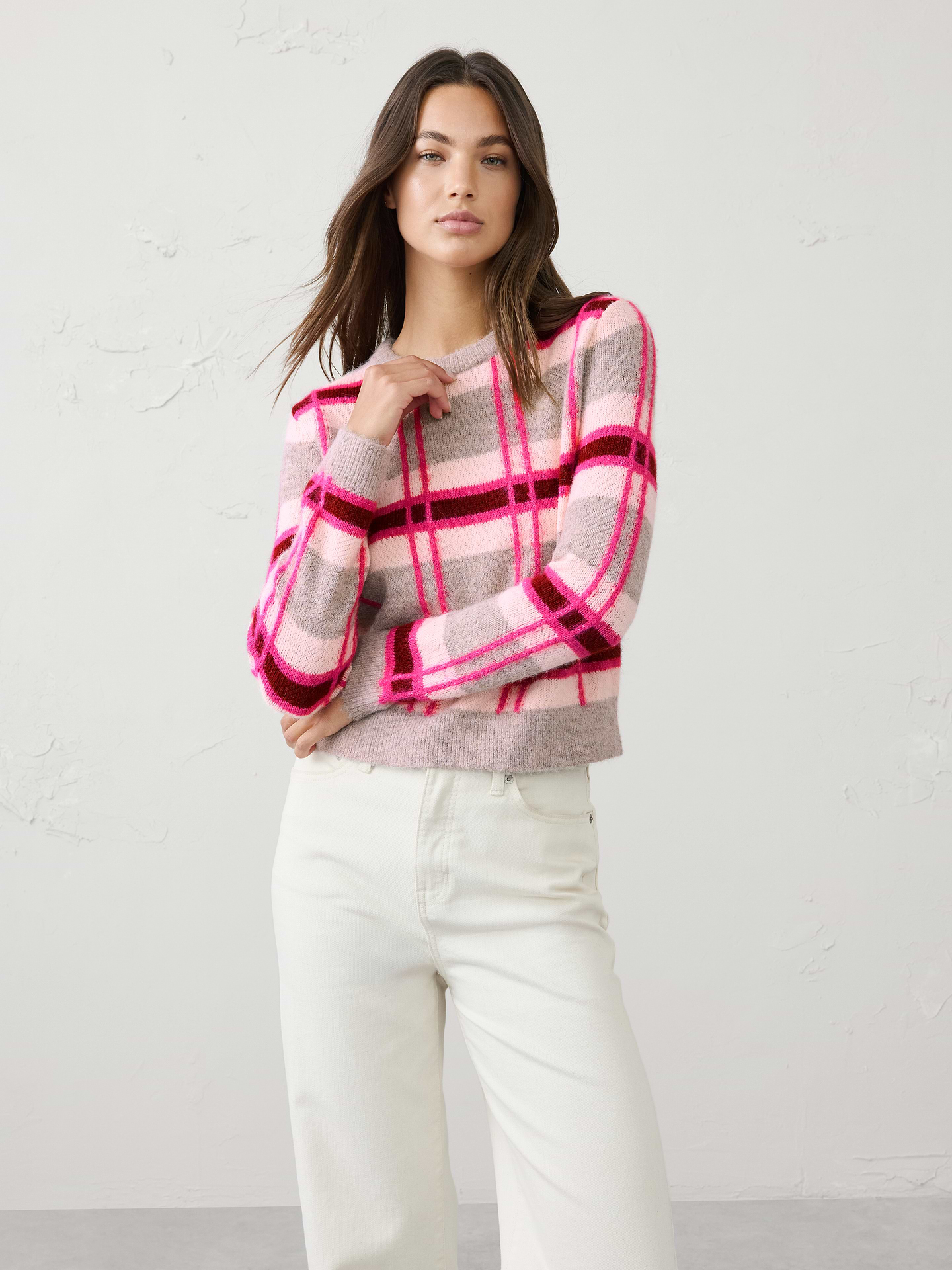 Image 1 of 5, Crafted from a brushed yarn, this sweater has a soft, fuzzy texture that feels exceptionally plush against the skin. The brushed finish adds depth and dimension to the knit, creating a rich, elevated look with cozy appeal. Lightweight yet warm, it offers comfortable insulation without feeling heavy, making it an effortless choice for layering throughout the season., Crew neck. Long sleeves., Ribbed neckline, arm cuffs and hem., Made exclusively for Banana Republic Factory., Product #1177095