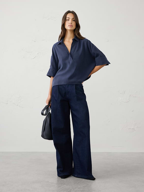Drapey Twill Collared Popover Top