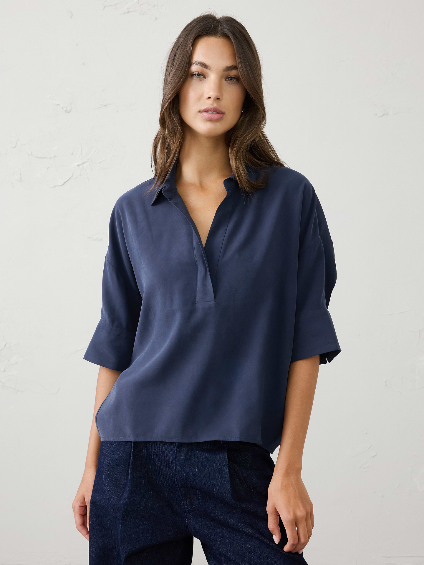Image 3 of 7, Drapey Twill Collared Popover Top