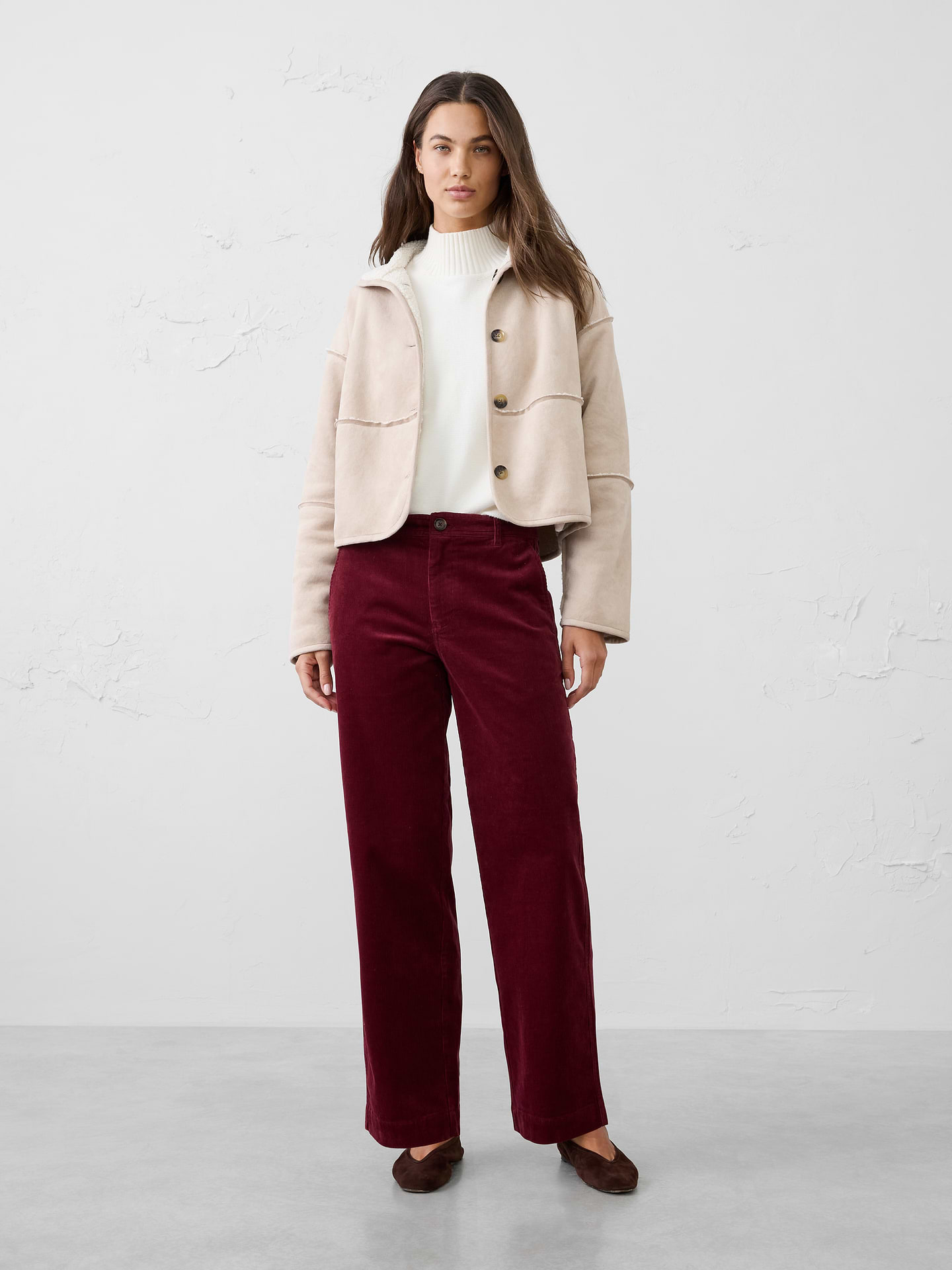 Image 1 of 3, A versatile wardrobe essential, our corduroy pant combines timeless styling with exceptional comfort. Crafted from soft-touch corduroy, it offers rich texture and a cozy feel that's perfect for cooler days. The flattering mid-rise fit and straight-leg silhouette create an easy, relaxed look that pairs effortlessly with everything from sweaters and button-downs to casual tees and jackets., Fitted. Mid rise. Straight leg. Full length., Button closure with zip fly. Belt loops., Front slant pockets., Patch back pockets., Back waist darts., Made exclusively for Banana Republic Factory., Product #1182240