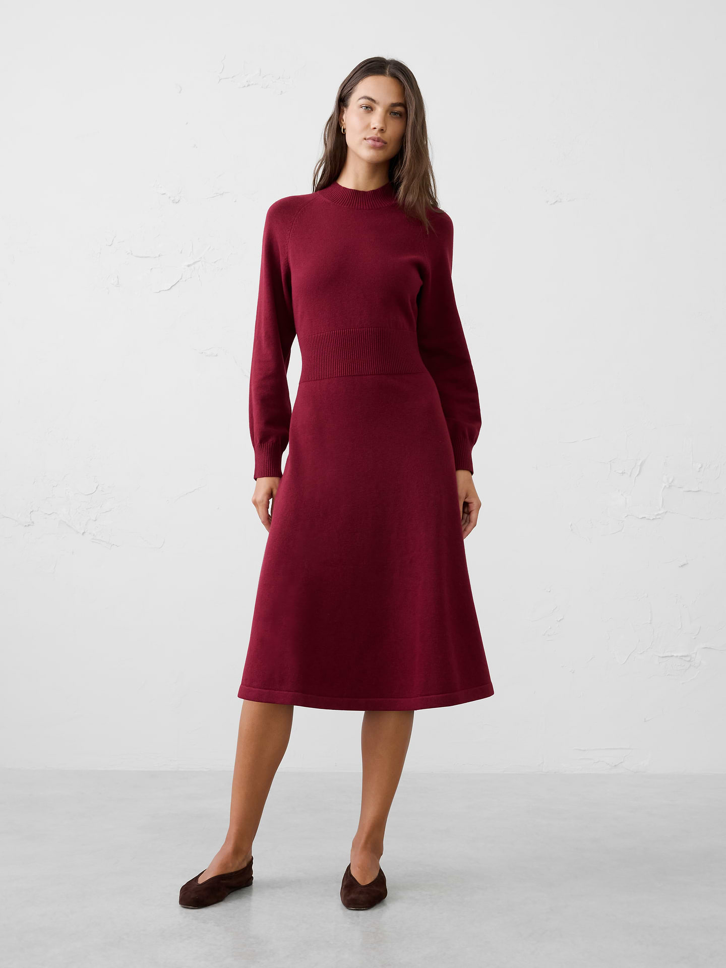 Image 1 of 3, A cozy turtleneck and defined ribbed waist create a flattering silhouette that’s both comfortable and refined. Soft and easy to wear, this midi sweater dress delivers effortless sophistication for workdays, weekends, and everything in between., Ribbed turtleneck. Long raglan sleeves with extended ribbed cuffs., Wide ribbed waistband defines the waist and creates a flattering silhouette., Flared skirt., Made exclusively for Banana Republic Factory., Product #1185670