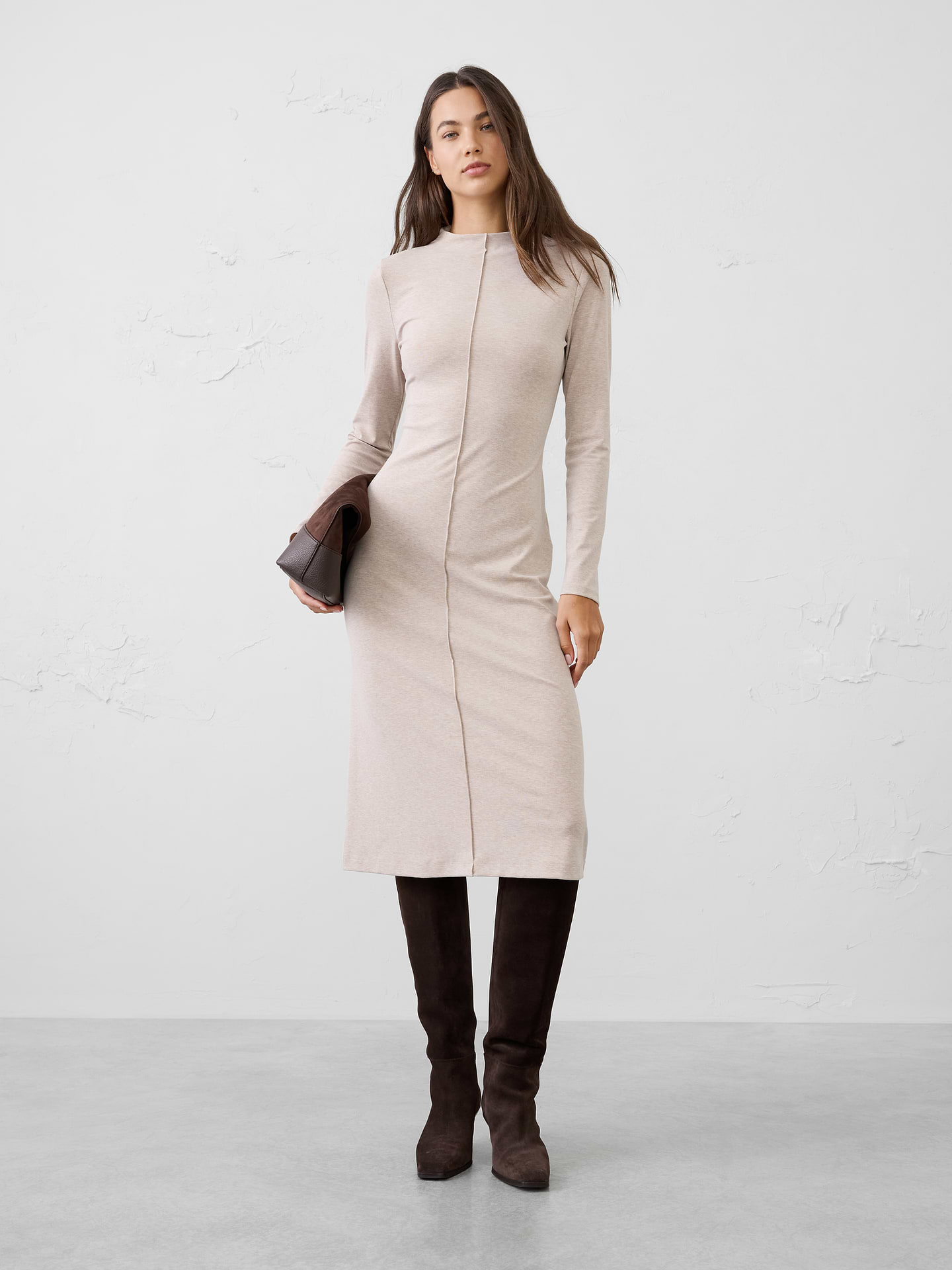 Image 1 of 7, SUSTAINABILITY: Made with 60% recycled polyester., Mock neck. Slightly longer sleeves., Features center front pintuck detailing., Fitted at waist., Straight hem., Made exclusively for Banana Republic Factory., Product #1181238