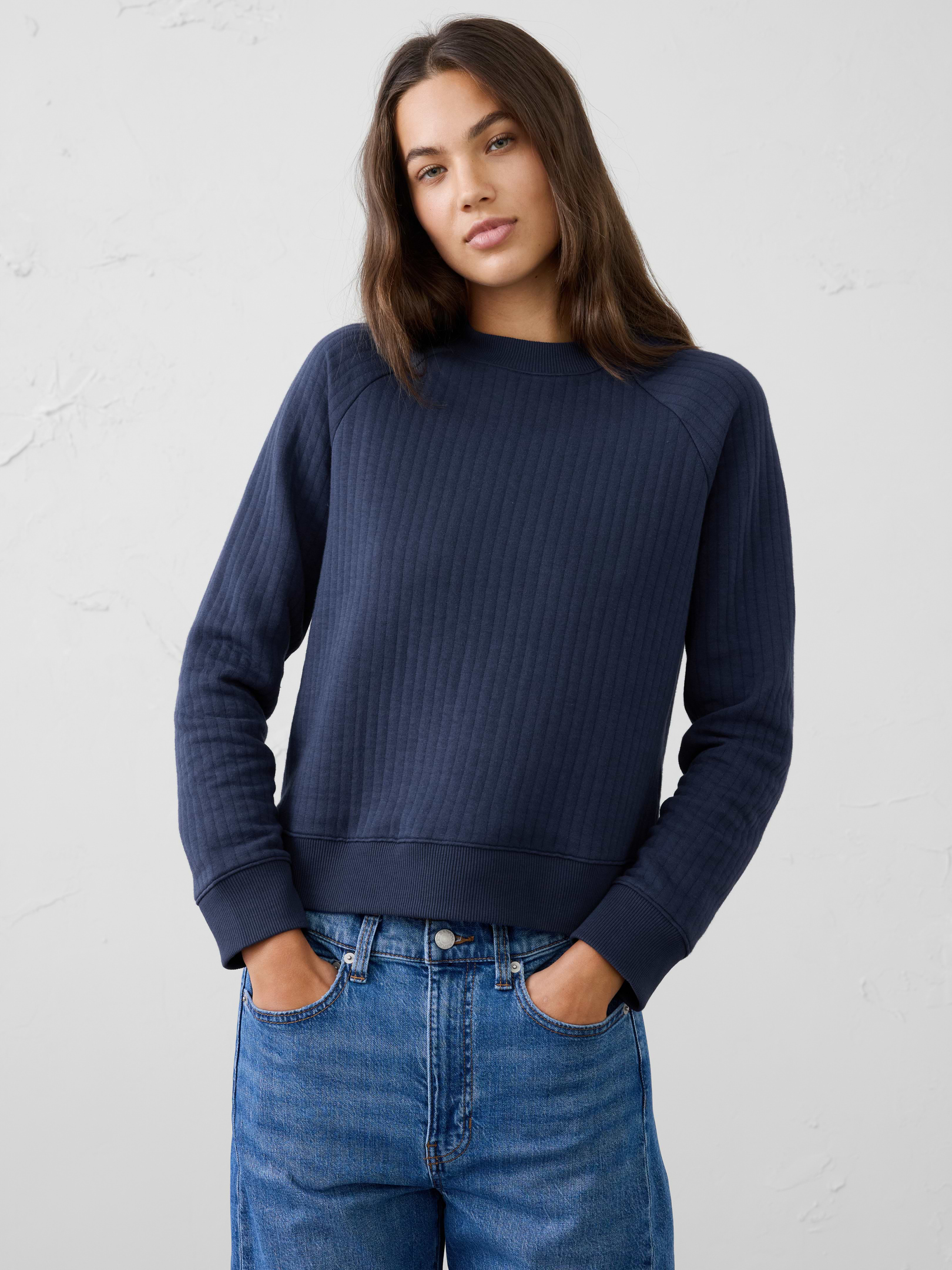 Image 1 of 3, Designed for effortless comfort, this quilted sweatshirt is soft, lightweight, and provides just the right amount of warmth. The textured quilted construction adds subtle dimension and visual interest, while the easy silhouette makes it a versatile layer for everyday wear. Not too heavy and never overcomplicated, it's the kind of comfortable staple you'll reach for again and again., Crew neck. Long sleeves., Ribbed neckline, arm cuffs and hem., Made exclusively for Banana Republic Factory., To view a copy of this product’s label, copy the style number below and search this database Law Label Lookup <, Product #1186007