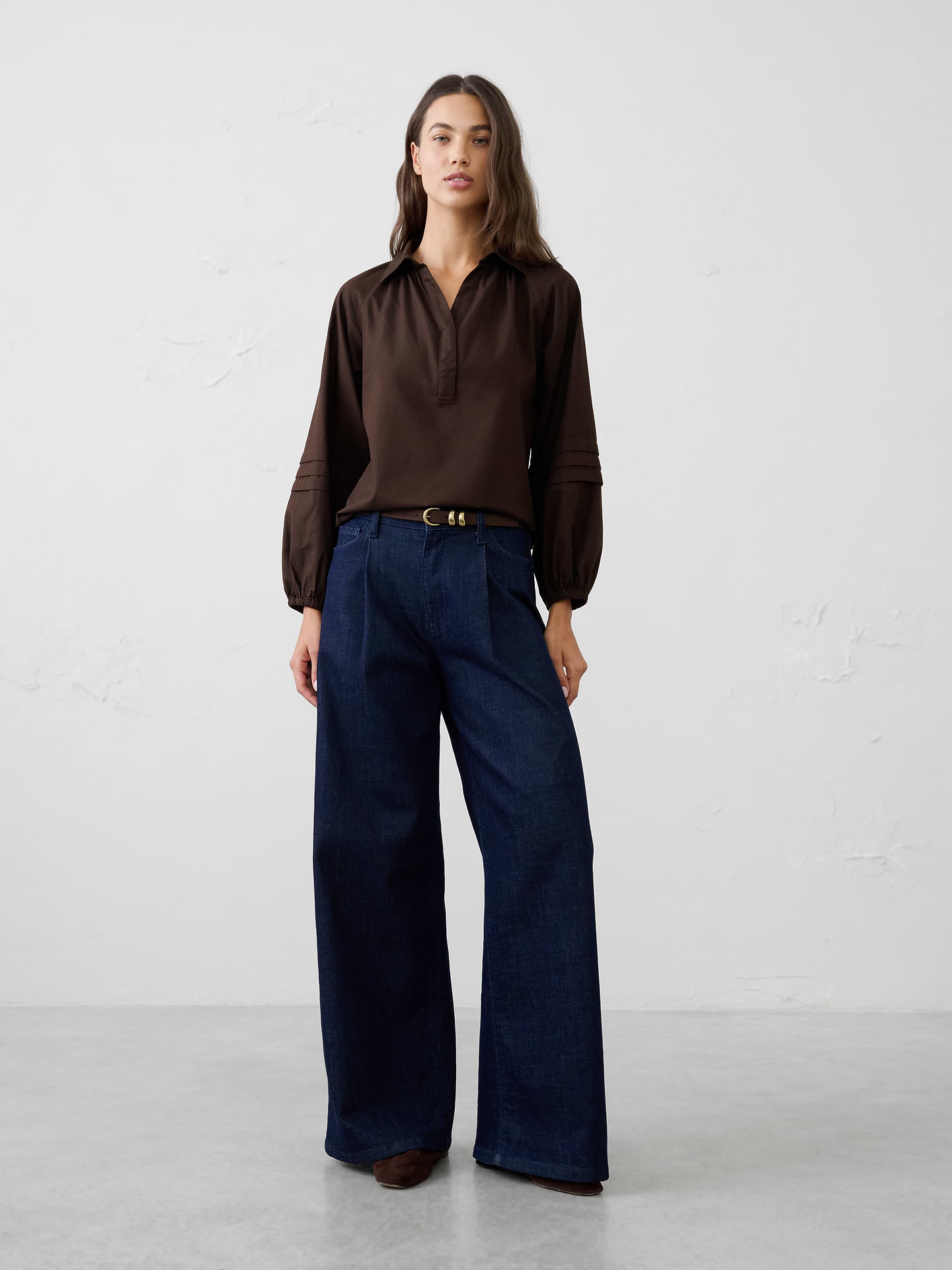 Image 1 of 3, Crafted in a soft plaid flannel, this blouse features feminine pleat‑sleeve detailing for an elevated touch. Cozy yet polished, it brings warmth, texture, and effortless style to holiday gatherings and seasonal everyday dressing., Pointed collar with split V‑neckline. Long raglan sleeves with elasticized cuffs., Soft pleating at the front and back neckline., Decorative pleat bands at the sleeves add texture and visual interest., Made exclusively for Banana Republic Factory., Product #1185915
